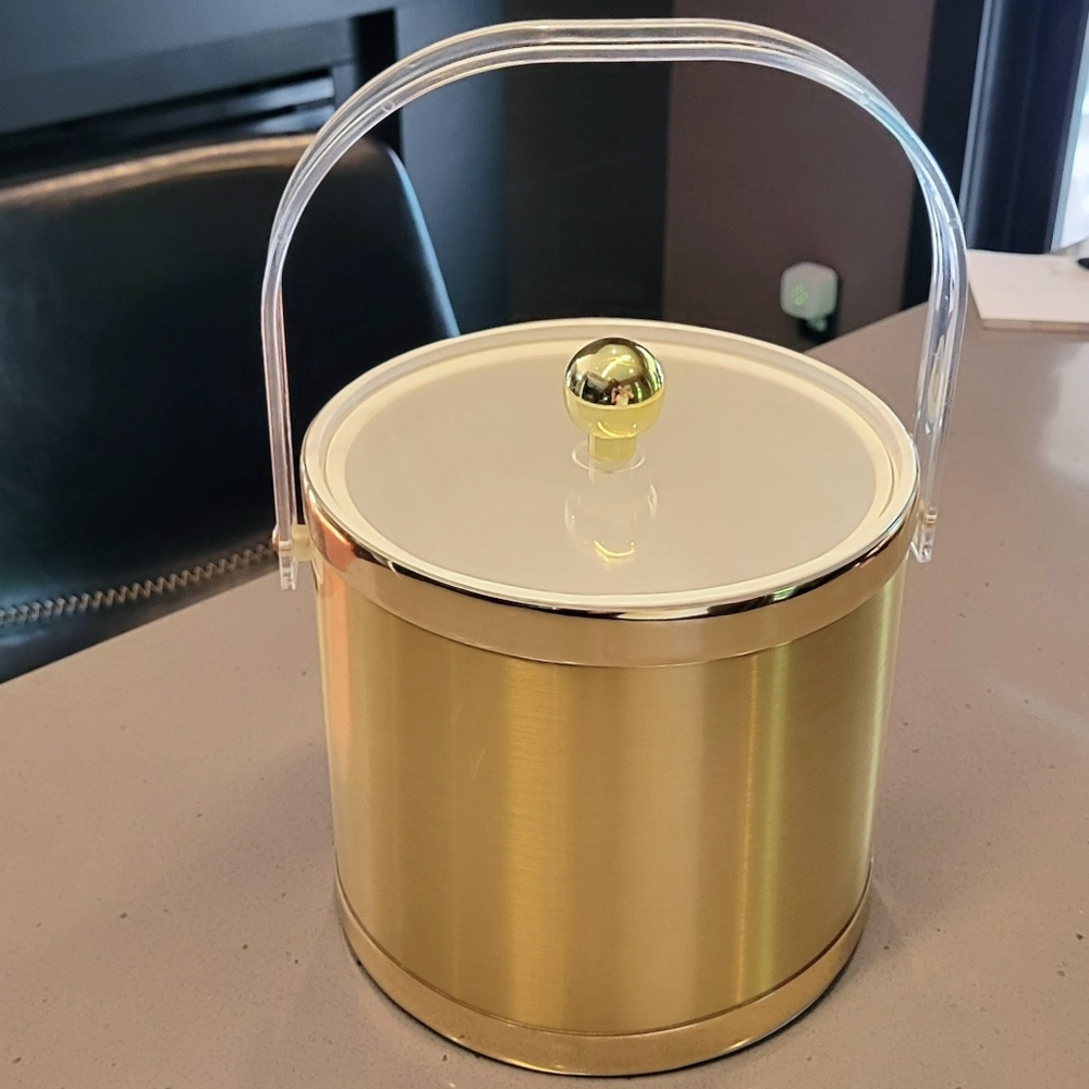 Ice Bucket Gold Vintage Hollywood Regency Acrylic Handle Clear Lid MCM